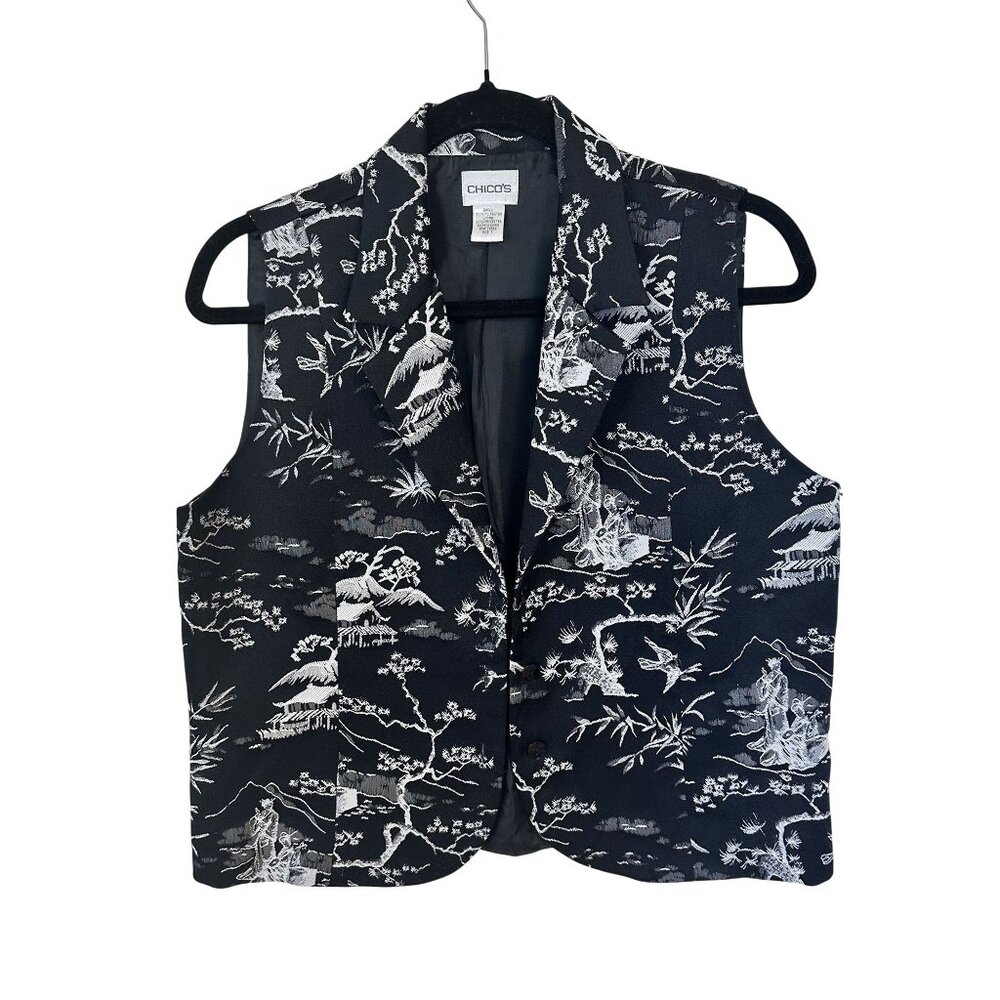 Chicos Womens Black White Vest Button Front Asian Inspired Satin Medium